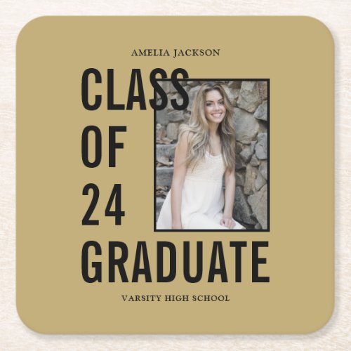 Class Of 24 Black  Gold Photo Graduation Party Square Paper Coaster