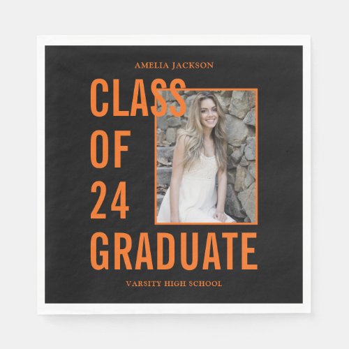 Class Of 24 Black  Orange Photo Graduation Paper Napkins