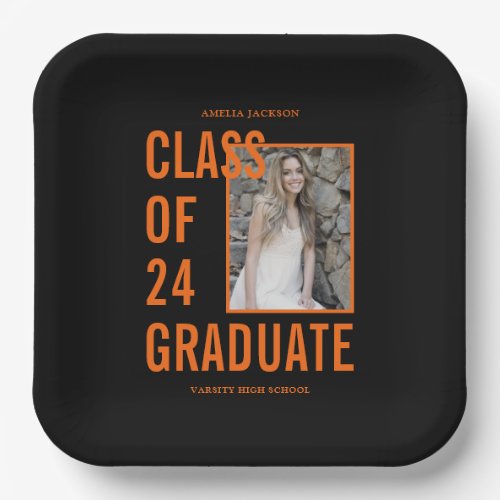 Class Of 24 Black  Orange Photo Graduation Party Paper Plates