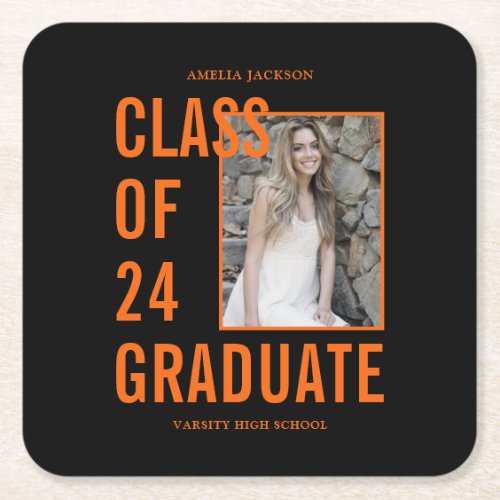 Class Of 24 Black  Orange Photo Graduation Party Square Paper Coaster