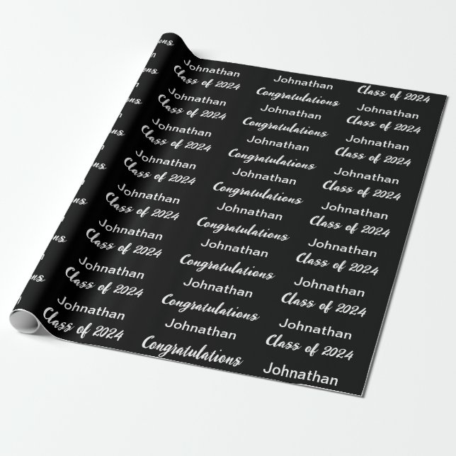Class of 24 Black White Congratulations Grad Name Wrapping Paper (Unrolled)