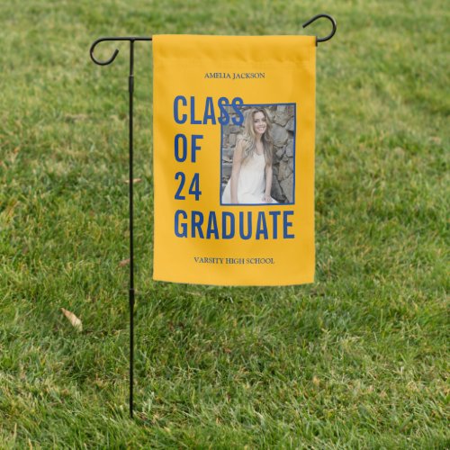 Class Of 24 Blue  Yellow Photo Graduation Garden Flag