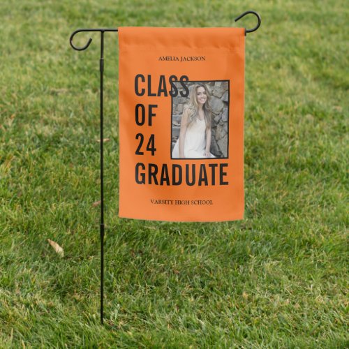 Class Of 24 Orange  Black Photo Graduation Garden Flag