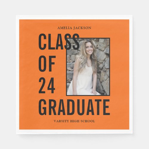 Class Of 24 Orange  Black Photo Graduation Paper Napkins