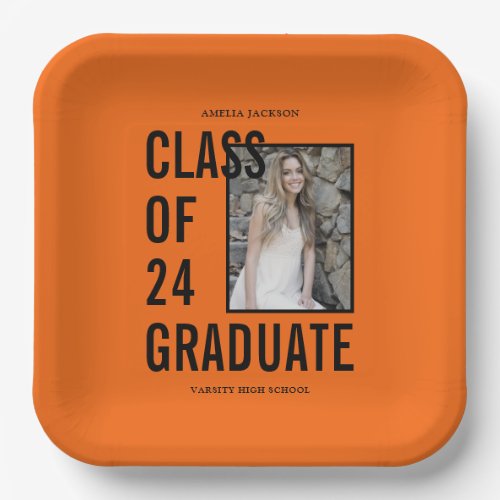 Class Of 24 Orange  Black Photo Graduation Party Paper Plates