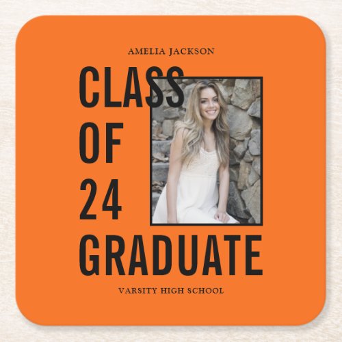 Class Of 24 Orange  Black Photo Graduation Party Square Paper Coaster