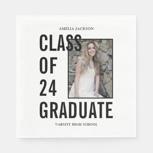 Class Of 24 Photo Black  White Graduation Paper Napkins
