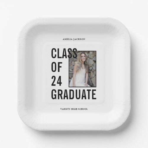 Class Of 24 Photo Black  White Graduation Paper Plates