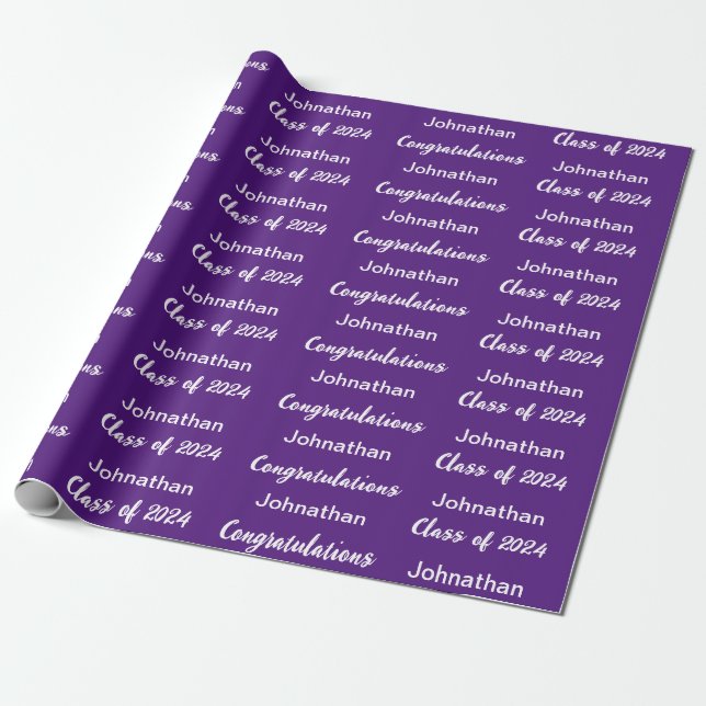 Class of 24 Purple White Congratulations Grad Name Wrapping Paper (Unrolled)