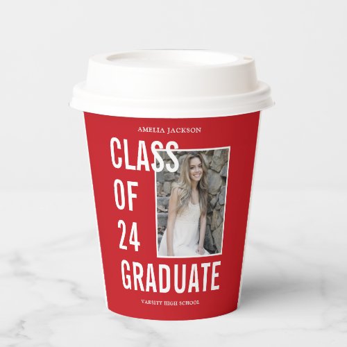 Class Of 24 Red  White Photo Graduation Paper Cups