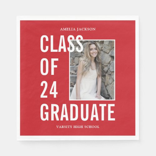 Class Of 24 Red  White Photo Graduation Paper Napkins