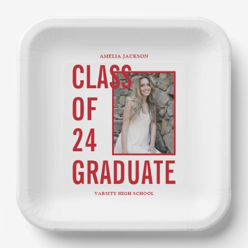 Class Of 24 Red  White Photo Graduation Party Paper Plates