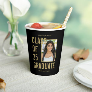 Class Of 25 Black & Gold Photo Graduation Party Paper Cups
