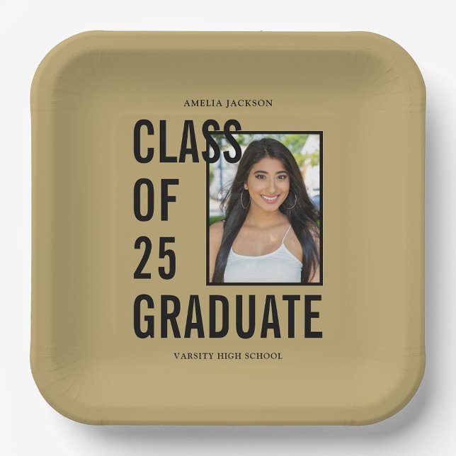 Class Of 25 Black & Gold Photo Graduation Party Paper Plates (Creator Uploaded)