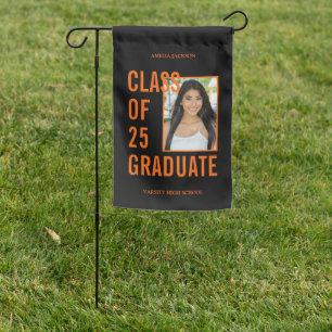 Class Of 25 Black & Orange Photo Graduation Garden Flag