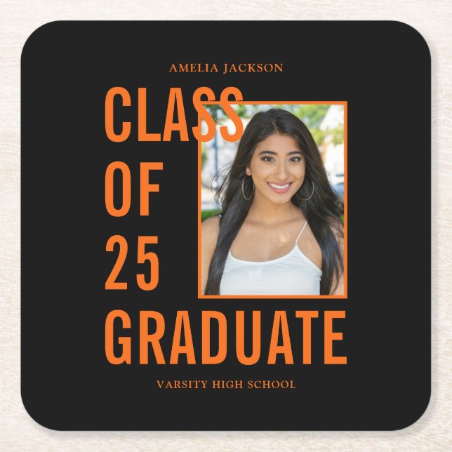 Class Of 25 Black & Orange Photo Graduation Party Square Paper Coaster (Front)