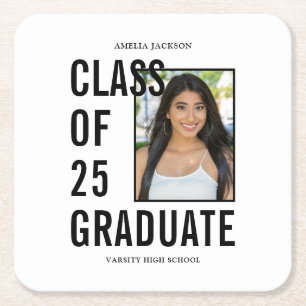 Class Of 25 Black & White Photo Graduation Party Square Paper Coaster