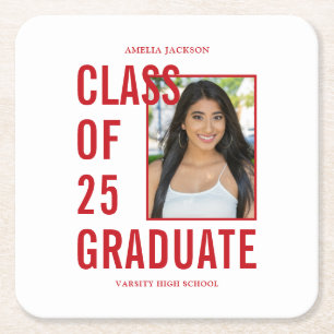 Class Of 25 Festive Photo Graduation Party Square Paper Coaster