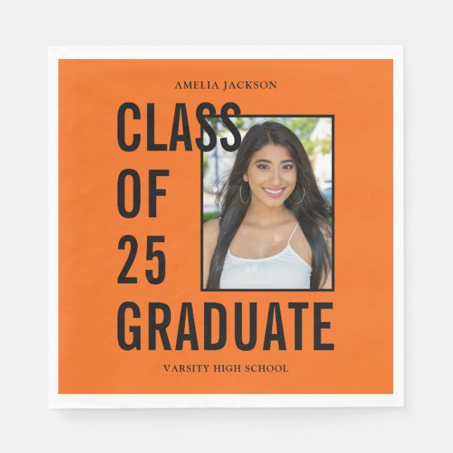 Class Of 25 Graduate Orange & Black Photo Napkins (Front)