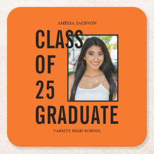 Class Of 25 Graduate Orange Photo Graduation Party Square Paper Coaster