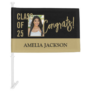 Class Of 25 Modern Black & Gold Photo Graduation Car Flag