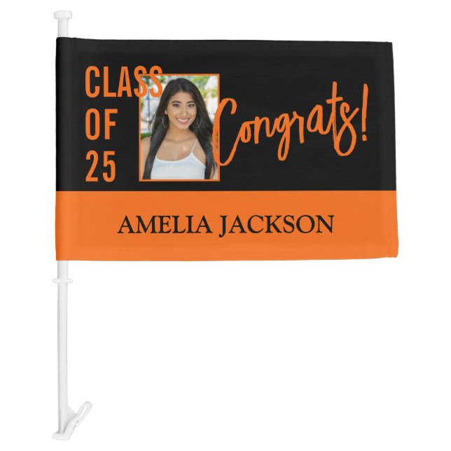 Class Of 25 Modern Black & Orange Photo Graduation Car Flag (Front)