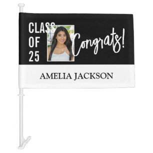 Class Of 25 Modern Black & White Photo Graduation Car Flag