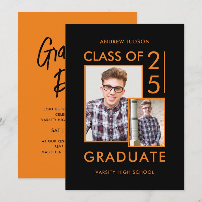 Class Of 26 Modern Black & Orange Photo Grad Party Invitation (Front/Back)