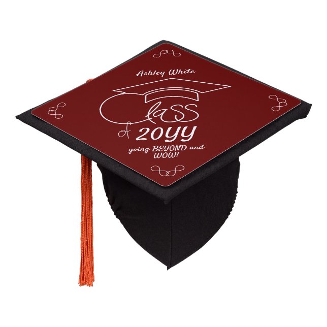 Class of... and Inspirational Quote-White Outline Graduation Cap Topper (Angled)
