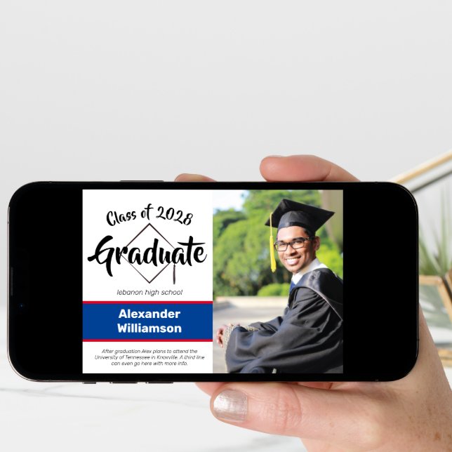 Class of Blue Red Classic Script Photo Graduation Announcement (Front Digital)