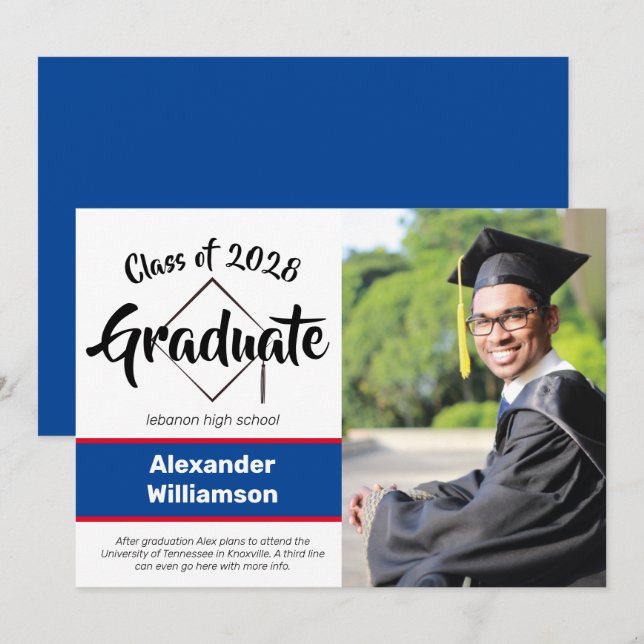 Class of Blue Red Classic Script Photo Graduation Announcement (Front/Back)
