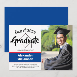 Class of Blue Red Classic Script Photo Graduation Announcement