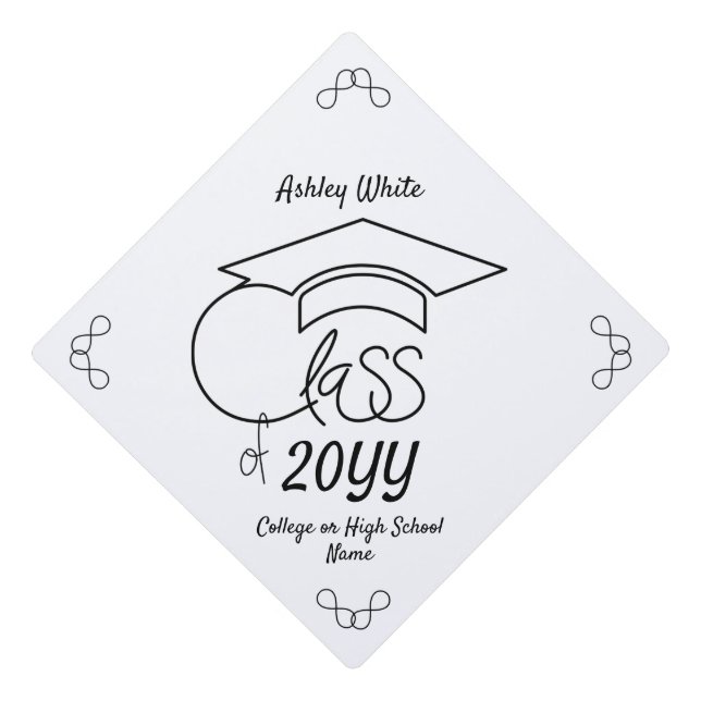 Class of...Chic Black Outline Design & Typography Graduation Cap Topper (Front)