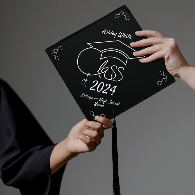 Class of...Chic White Outline Design & Typography Graduation Cap Topper (Congratulations on reaching this milestone! Celebrate it with each detail. )