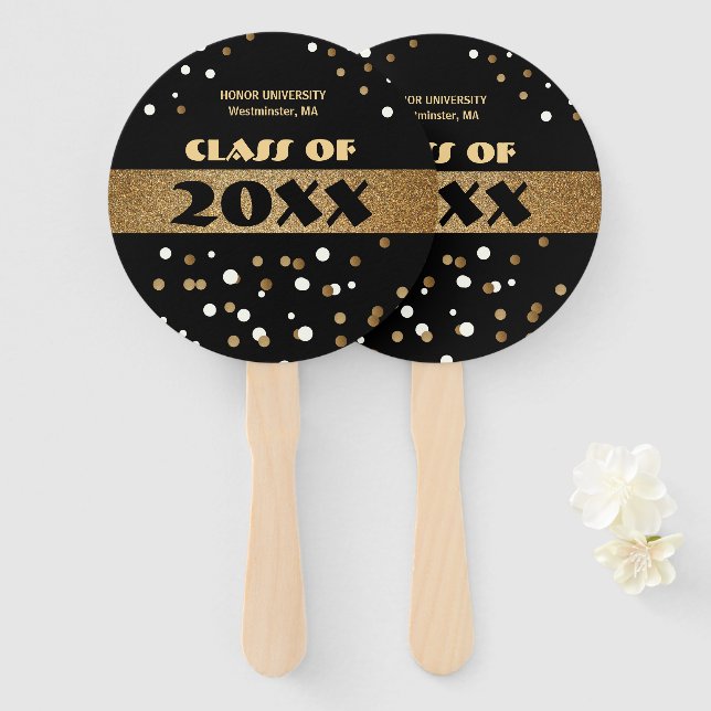 Class of gold and black graduation personalized hand fan (Front and Back)