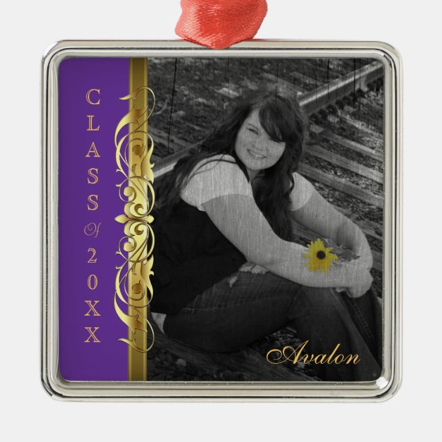 Class of Gold Scroll Photo Purple Ornament (Front)