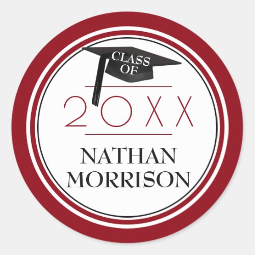 Class of  Grad Cap  Year  Red and White Classic Round Sticker