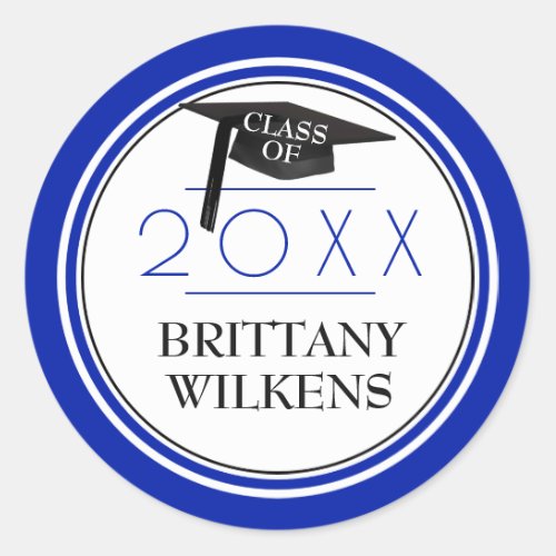 Class of  Grad Cap  Year  Royal Blue  White Classic Round Sticker