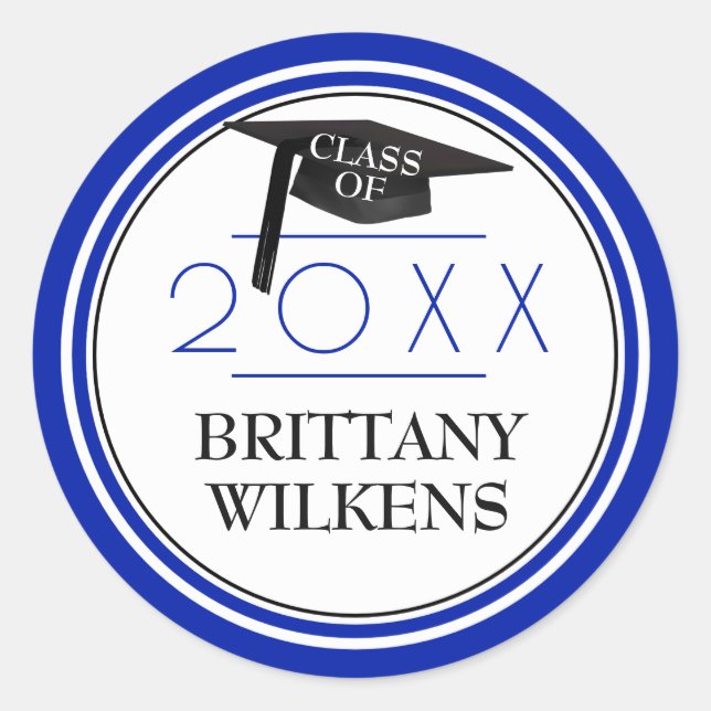 Class of | Grad Cap & Year | Royal Blue & White Classic Round Sticker (Front)