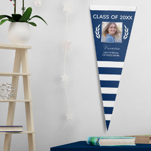 Class Of Grad Name Blue White Stripe Laurel Photo Pennant Flag