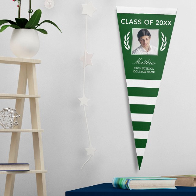 Class Of Grad Name Green White Stripe Laurel Photo Pennant Flag (Creator Uploaded)