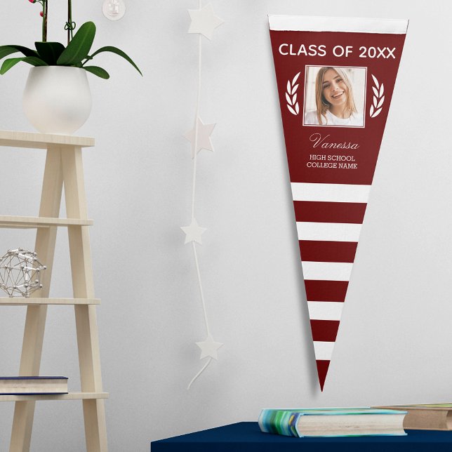 Class Of Grad Name Red & White Stripe Laurel Photo Pennant Flag (Creator Uploaded)