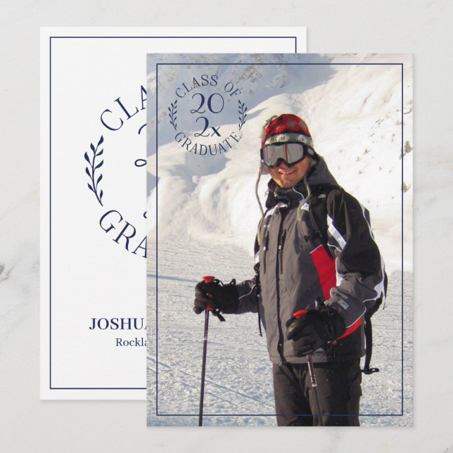 Class of Grad Photo Modern Navy Blue Typography Announcement (Front/Back)