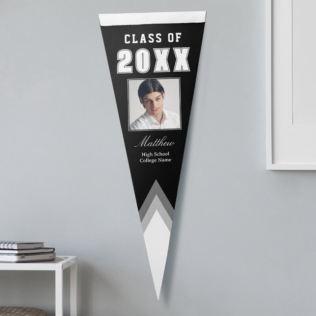 Class Of Name Trendy Graduate Photo Black & White Pennant Flag (Creator Uploaded)