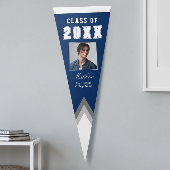 Class Of Name Trendy Graduate Photo Blue &White Pennant Flag (Creator Uploaded)
