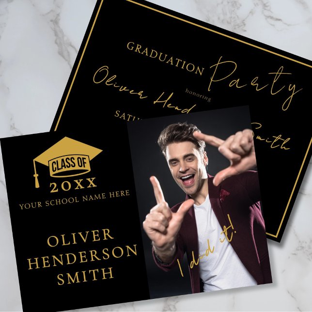 Class of Photo Black Gold Graduation Party Invitation (Creator Uploaded)