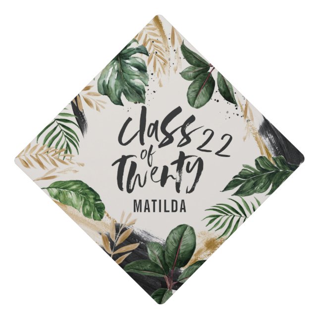 Class of twenty tropical foliage script graduation cap topper (Front)