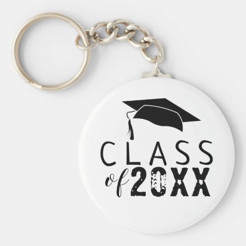 Class of Typography Black Graduation Cap Keychain - Modern Class of Typography Black Graduation Hat keychain. Trendy black typography with black graduation hat. Customize with the year number. Make a great gift and keepsake for a graduate.