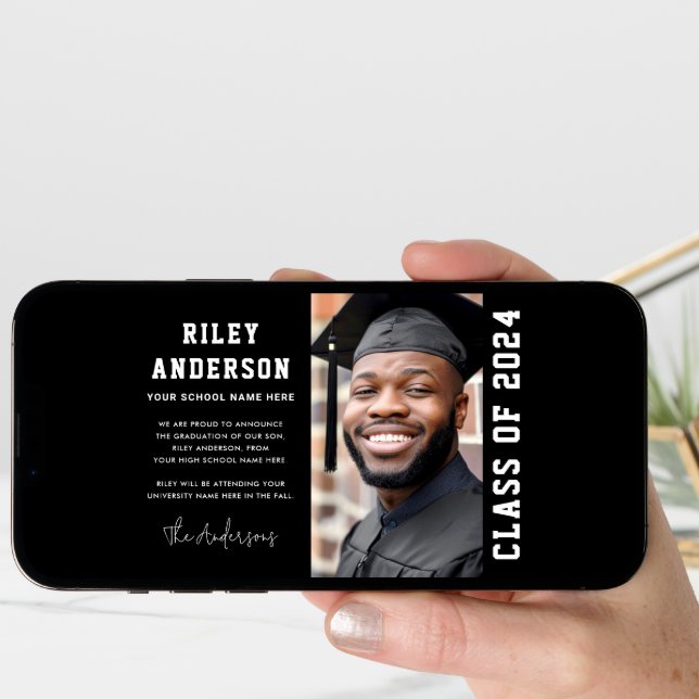 Class of year 2024 modern black graduation photo announcement (Front Digital)