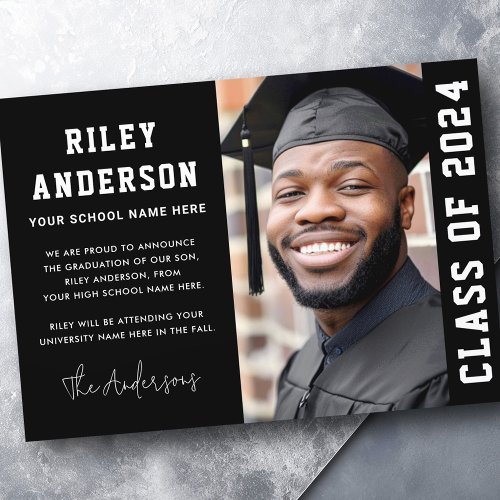 Class of year 2024 modern black graduation photo announcement